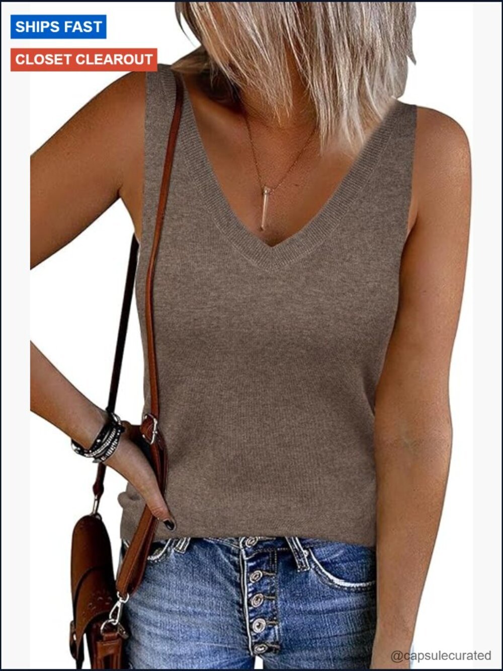 Wool Blend Slim Fit Double V-Neck Tank Top